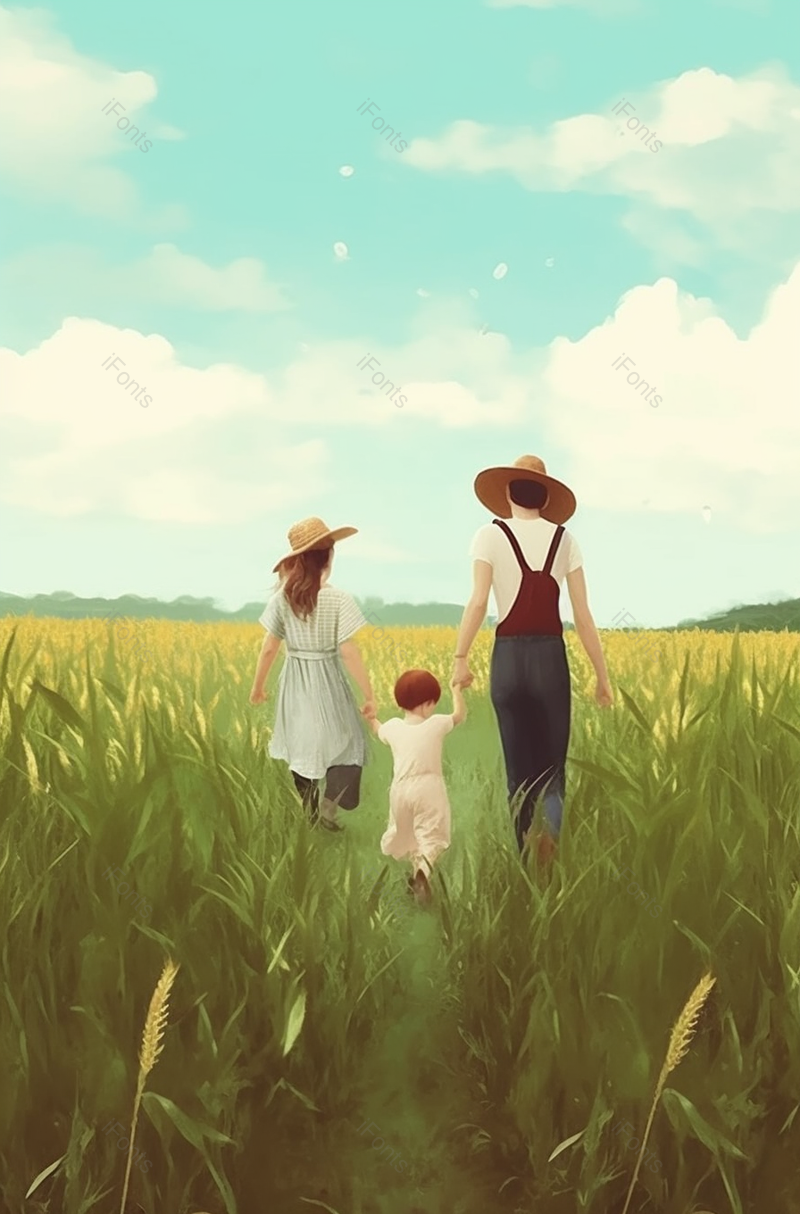 丰收季节家庭田地散步插画背景,插画/手绘图,插画/手绘图库,插画/手绘图下载,插画/手绘